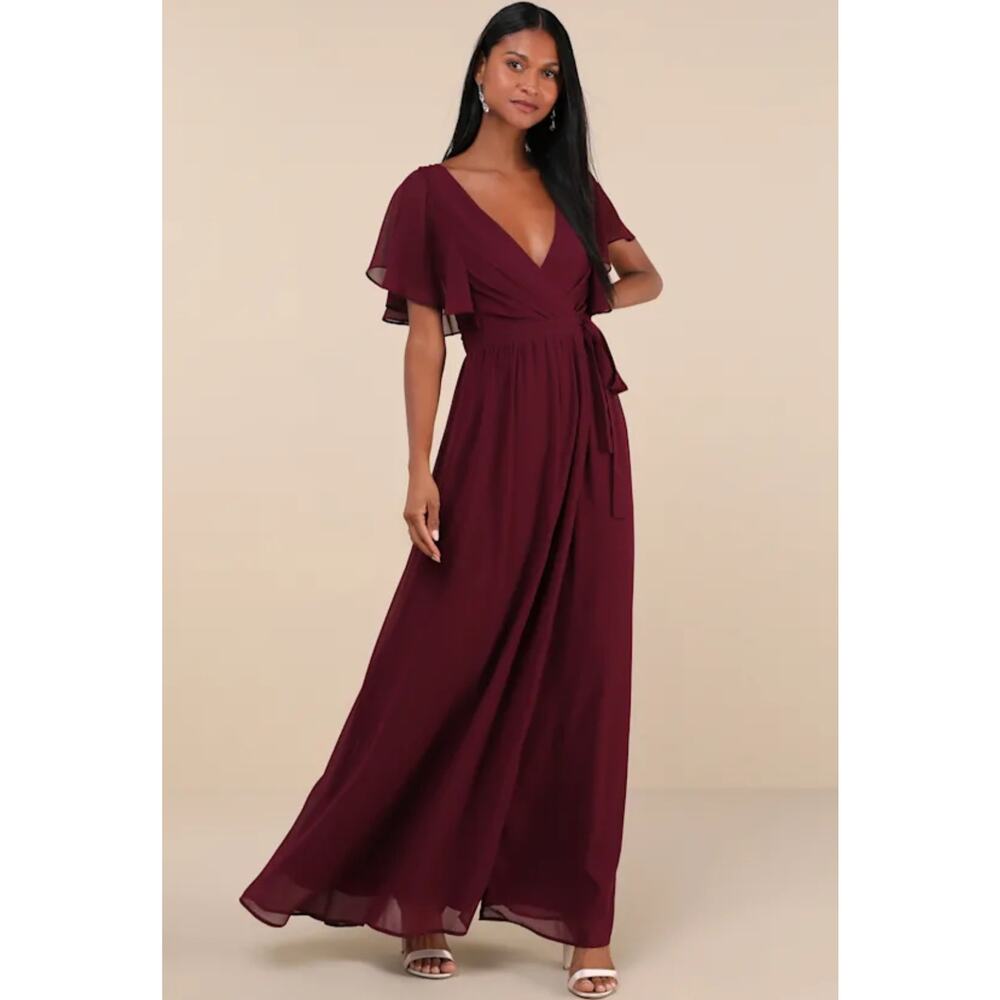 Lulus Burgundy Flutter Sleeve Wrap Maxi Dress S Chiffon Wedding Guest Gown